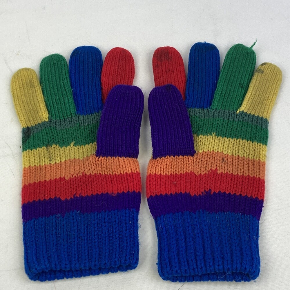 VTG Kids Knit Winter Rainbow Gloves Small 70s 80s Snow Gear Mid Century Children